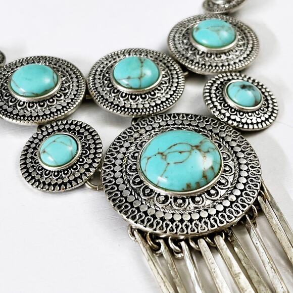 Lucky Brand Turquoise Silver Statement Bib Necklace - Picture 2 of 7